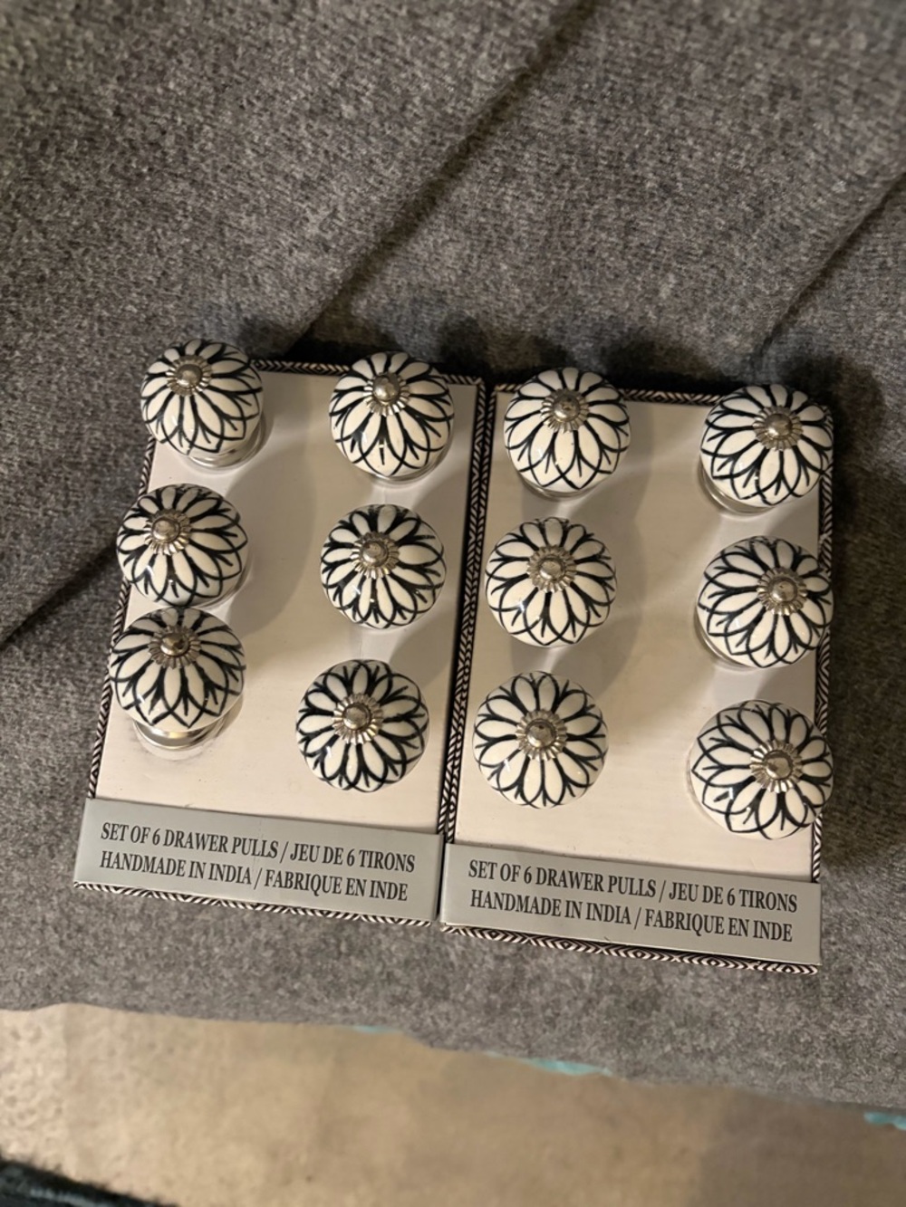 Handmade Floral Ceramic Drawer Pulls - White & Black (Set of 6)